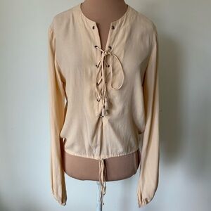 Faithful the Brand Nude Shrimpton Lace Up Rayon Boho Drawstring Peasant Top XS